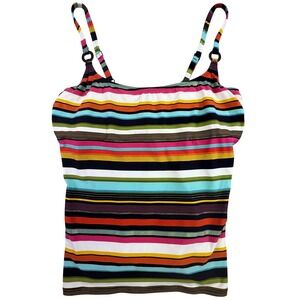 Captiva Striped Tankini Swim Top Multi Color Metallic Gold Accents XL 44D 16D